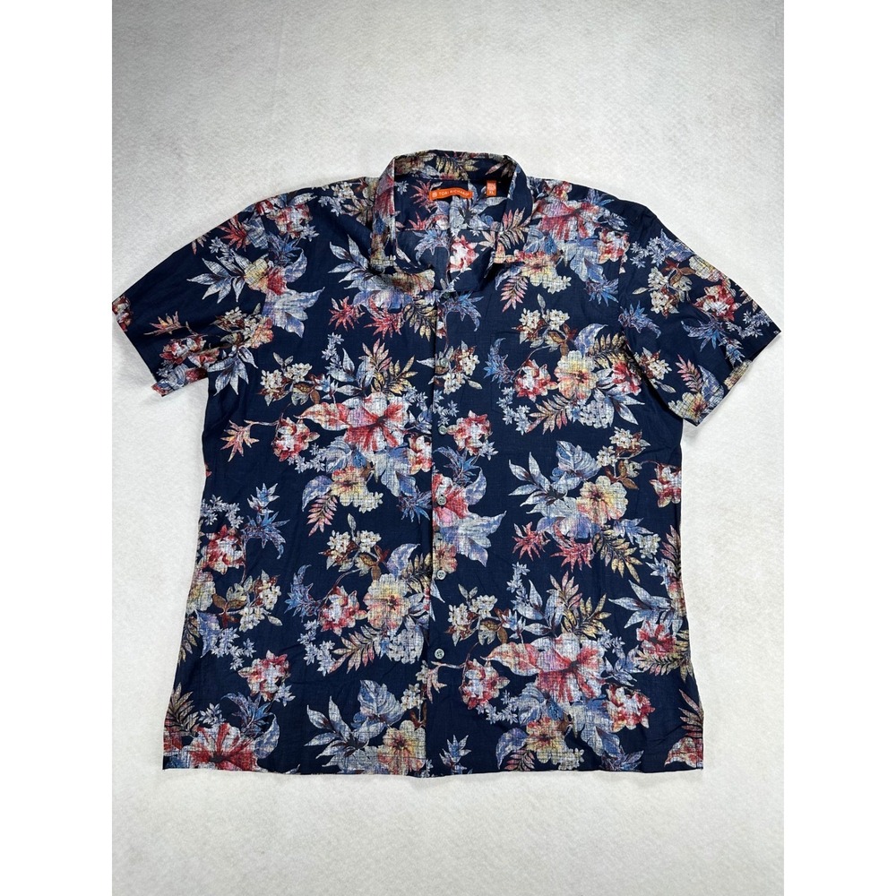 Tori Richard Mens XL Hawaiian Shirt Navy Blue Floral Cotton Lawn Button Up